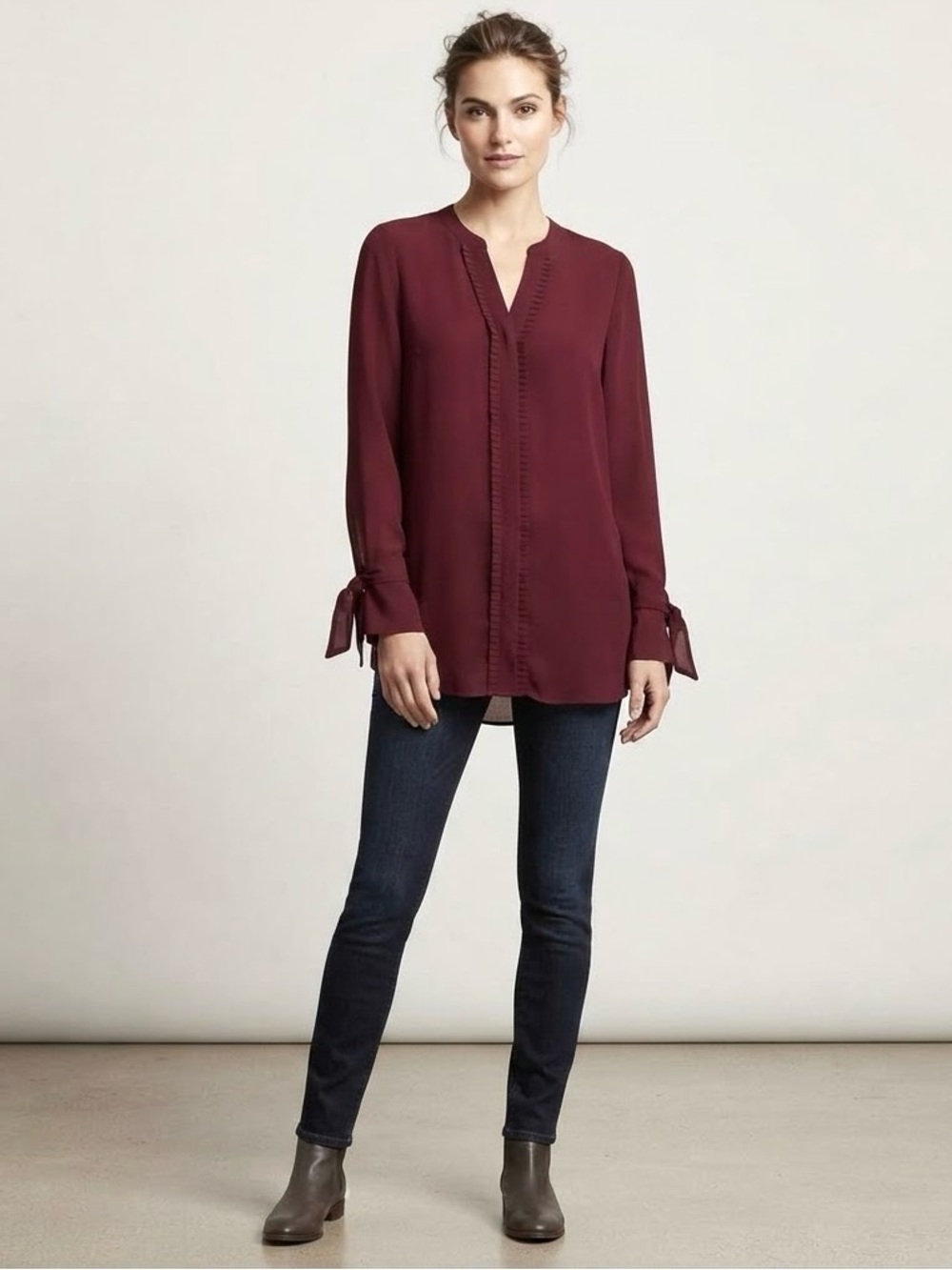 MELANIE LYNE Burgundy Tunic Top with Tie Cuffs - Size 6